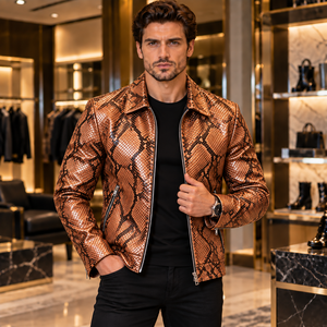 Mens Beige Snake Print <b>Leather</b> <b>Jacket</b> Luxury Python Embossed Genuine <b>Leather</b> <b>Biker</b> <b>Jacket</b> Custom Zipper Motorcycle Coat Silk - Product Image 3