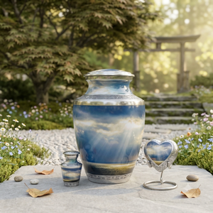 Set of Custom Printed Sky Ocean Cremation <b>Urn</b> Trieste Shape with <b>Mini</b> & Heart <b>Urn</b> Keepsakes with Stand Human <b>Ashes</b> Storage <b>Urn</b> - Product Image 1