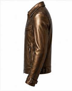 Blouson moto en cuir véritable beige pour homme, col rabattu, fermeture éclair, coupe ajustée, manches classiques, couleur unie, automne - Product Image 2