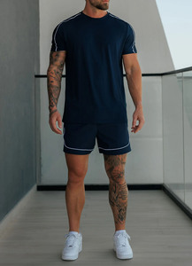 Wholesale Custom Logo <b>Navy</b> Men's T-Shirt & Shorts <b>Set</b> With Piping Breathable Fabric 2 Pieces Summer <b>Sets</b> <b>Gym</b> Wortout <b>Set</b> For Men - Product Image 4