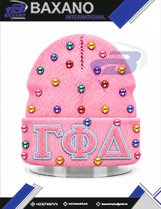 Gorro de Invierno de Punto Rosa con Adornos de Diamantes de Imitación para Mujeres de la Hermandad Gamma Phi Delta, Gorro de Invierno con Bordado de Chenille - Product Image 4