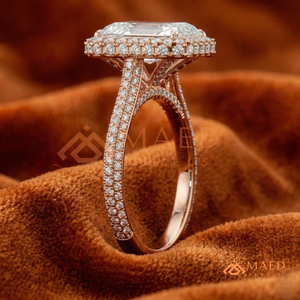 Bague élégante en or rose avec moissanite taille émeraude, unique, trois pierres, demi-lune, pour anniversaire, bijoux fins de haute qualité - Product Image 2