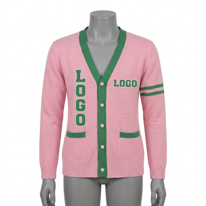 <b>Custom</b> Greek Sorority Chenille Embroidery Cardigan Pink Green Striped Color Block Knitted Sweater Coat Gift for Women - Product Image 3