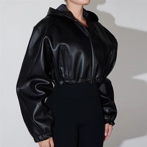 <b>Women</b> PU Leather <b>Jacket</b> <b>Cropped</b> Bomber Zip Up Motorbike <b>Jacket</b> <b>Puffer</b> Sleeve Streetwear Outerwear - Product Image 3