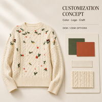 Pull en maille torsadée personnalisé pour femme, décontracté, brodé floral, col rond ample, vintage, beige, pour l'hiver, usage quotidien