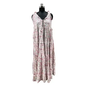 Indian Soft Cotton Handmade Summer Long Dress Floral Block Print Dress Boho Hippie Style Top Tunic Dress Party Wear Women's