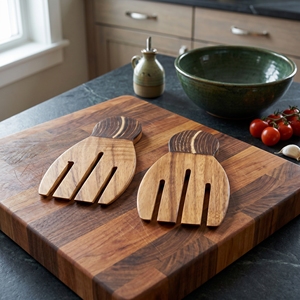 Utensilios de Madera para Ensalada de Madera Suar de Grado Alimenticio, con Forma de Mano y Incrustaciones de Cáscara de Coco Oscura, Color Marrón Claro, para Comedor y Cocina - Product Image 3