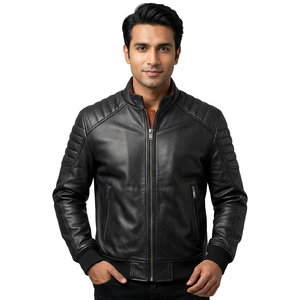 Chaqueta Varsity Personalizada de Cuero Genuino para Hombre, Negra, Acolchada, con Cuello Alto, Logotipo Frontal, Estilo Vintage con Capucha - Product Image 4