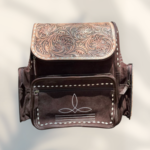 Mochila de Cuero Genuino Hecha a Mano con Cierre, Diseño Floral Occidental, Gran Capacidad, Correa de Hombro Arqueada, Unisex - Product Image 3