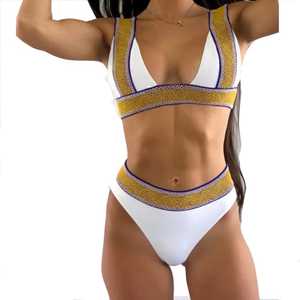 Women's Light Blue Bikini Set <b>Crossed</b> Halter <b>Top</b> High Waist Bottom Contrast Binding Spandex Polyester Stretch Swimwear - Product Image 6