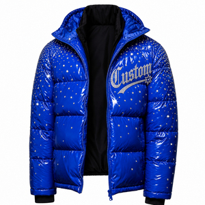 Doudoune bleue brillante personnalisée avec strass, style urbain, manteau d'hiver matelassé, coupe oversize, chaud, zippé, vêtement d'extérieur tendance - Product Image 5