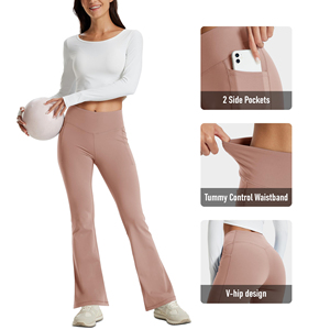 High Waist Flared Leg <b>Yoga</b> <b>Pants</b> Solid Color With Pockets Spandex Nylon Four-Way Stretch Ankle-Length Women Activewear - Product Image 5