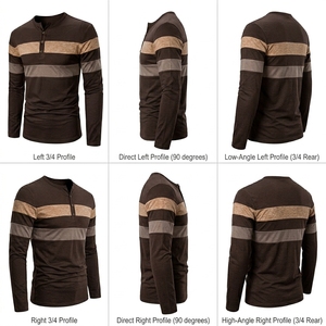 Custom Mens Long Sleeve Striped Henley Shirts Coffee Patchwork T Shirt Breathable Soft Cotton Fitness Apparel Tops Tees - Product Image 4