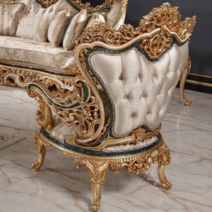 Ensemble de canapés sectionnels de luxe de style villa royale européenne, en bois d'acajou sculpté à la main, avec revêtement en tissu écologique - Product Image 4
