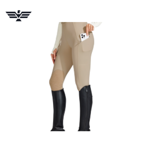 Women High Waist Beige Riding Pants Spandex Nylon Four-Way Stretch Elastic Waist Pockets Ankle-Length Knitted Solid - Product Image 1