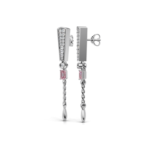 Boucles d'oreilles pendantes en or 18 carats avec diamant rose de laboratoire certifié IGI, taille émeraude, et chaîne à pampilles - Product Image 2
