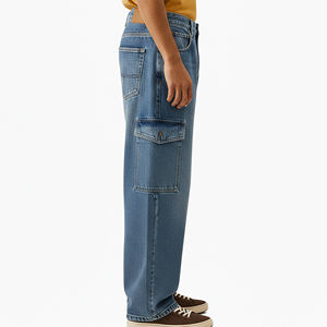 Jeans sur mesure 100% coton, style streetwear unisexe, coupe ample, effet usé, poches cargo sur le devant, lavage délavé pour hommes - Product Image 2