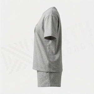 Women's 2 Piece Gray Cotton Casual Set Short Sleeve T Shirt and Above Knee Shorts Crew Neck Loose Fit Letter Print Daily Wear - Product Image 3