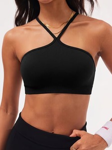 Ladies Keyhole Front Activewear Bra Strappy Halter Neck Gym <b>Crop</b> <b>Top</b> Elastic Ribbed Underband Athleisure Exercise Bralette - Product Image 3