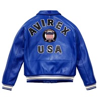 Veste en cuir bleue Avirex avec logo personnalisé, fourrure de mouton d'hiver, streetwear, bomber unisexe, veste Avirex bleue, veste Avirex pour homme