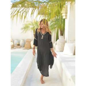 Vestido Maxi Kaftan Bohemio Bordado con Cuello en V para Mujer, Manga Acampanada, Ajuste Holgado, Vestido de Playa o Resort - Product Image 1