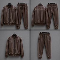 Ensemble veste bomber et pantalon pour homme en cuir PU vert non tissé, coupe sport, coupe-vent, fermeture éclair sur le devant, style décontracté, pour l'automne, coupe classique