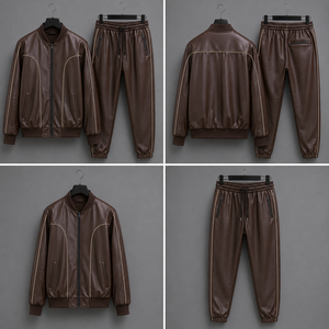 Ensemble veste bomber et pantalon pour homme en cuir PU vert non tissé, coupe sport, coupe-vent, fermeture éclair sur le devant, style décontracté, pour l'automne, coupe classique - Product Image 2