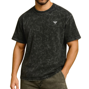 Camiseta Negra para Hombre, Lavada al Ácido, 100% Algodón, Cuello Redondo, Manga Corta, Corte Holgado, Transpirable, Secado Rápido, Estilo Casual Urbano, 280 Gramos - Product Image 1