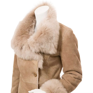 Women's Cowhide Leather Coat Fur Trim Collar Cuffs Full Sleeves Breathable Canvas Fabric Detachable Lining Winter Elegant Jacket - Product Image 3