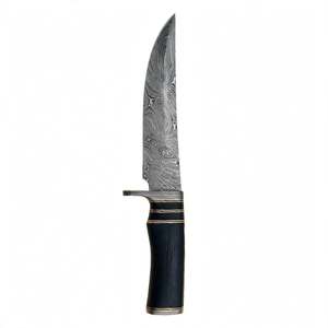 Herramienta fija de acero damasco con patrón de plumas hecha a mano, con mango de madera de ébano y guardacuchillo de damasco. - Product Image 1