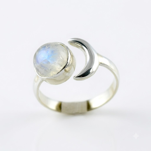 Bague Statement en Argent Sterling 925 avec Pierre de Lune Arc-en-ciel, Faite à la Main, Pierre de Naissance de Juin, Sertissage Bezel 8mm, Style Bohème, Cadeau Idéal - Product Image 1