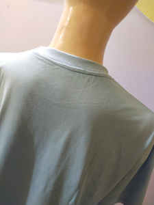 Camiseta de punto azul cielo personalizada para mujer, Camiseta holgada de gran tamaño, 100% algodón, hombros descubiertos, longitud hasta la rodilla, cuello redondo, talla grande - Product Image 3