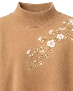 เสื้อสเวตเชิ้ตคอเต่าสีน้ำตาลอูฐสำหรับผู้หญิง ปักลายดอกไม้ แขนยาว สวมใส่สบายในฤดูหนาว ผ้าคอตตอนผสมเนื้อนุ่ม เสื้อผู้หญิง - Product Image 5