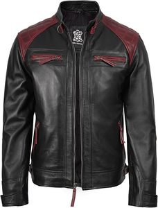 Men's Black Leather Moto <b>Jacket</b> With <b>Red</b> Accents Stand Collar Zipper Closure Regular Fit Autumn Wear - Product Image 5