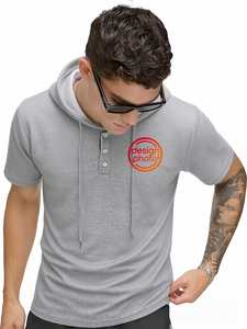 Men's Customizable Blue Hooded Collar Regular Fit Short Sleeve Knitted Eco-Friendly 100% Cotton Casual Solid 240g T-Shirt - Product Image 1