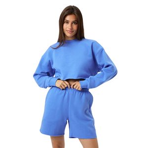 Conjunto de Sudadera Corta Oversize para Mujer, Azul Sólido, Hombros Caídos, Cuello Redondo, Tejido 100% Algodón, Pantalones Cortos, Otoño Invierno, Transpirable - Product Image 3
