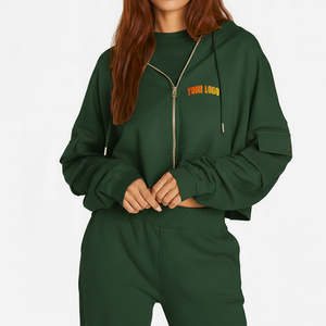 Sudadera con capucha y cremallera de manga larga para mujer, calidad premium OEM, color verde sólido, estilo casual, personalizable. - Product Image 1