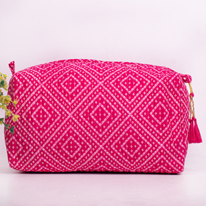Pochette de maquillage portable de luxe rose matelassée, grande capacité, faite à la main, écologique, imprimée au bloc, lavable - Product Image 3
