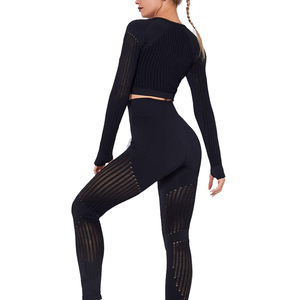 Pink Seamless Yoga Set Racerback <b>Crop</b> <b>Top</b> High Waist Full Length Leggings Breathable <b>Mesh</b> Ribbed Design - Product Image 4