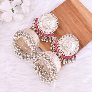Shilpi Impex SHER-0877 <b>Pink</b> Hydro <b>Pearl</b> Stone German Silver Silver Plated Ethnic Design Big Jhumka <b>Earring</b> - Product Image 3