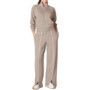 Women's Custom Logo Casual Solid Lightweight Breathable Polyester/Cotton Tracksuit <b>Set</b> with <b>Sweat</b> Track Jogger Pants - Product Image 1