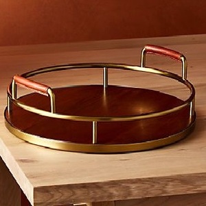 ถาดตกแต่งทรงกลมหรูหราพร้อมโครงโลหะและฐานไม้ ถาดเสิร์ฟพร้อมหูจับ - Product Image 6