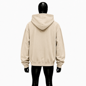เสื้อฮู้ดดี้สีเบจทรงโอเวอร์ไซส์สำหรับผู้ชาย สไตล์สตรีทแวร์ ดีไซน์ตะเข็บโค้ง ไหล่ตก ทรงลำลอง แฟชั่นเสื้อฮู้ดมีฮู้ด - Product Image 2