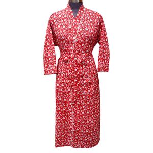 Bata transpirable con estampado floral rojo, cuello en V, cierre con cinturón, manga larga, largo completo, tejido informal para otoño, 100% algodón - Product Image 1