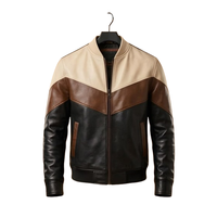 Blouson Bomber Homme en Cuir Véritable Col Montant Fermeture Éclair Blocs de Couleurs Style Moto Biker Vêtement d'Automne Coupe Classique