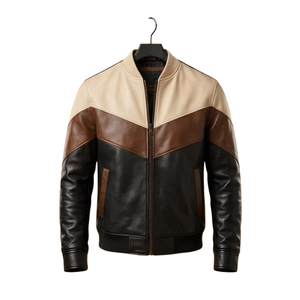 <b>Mens</b> Genuine <b>Leather</b> <b>Bomber</b> Jacket Stand Collar Zipper Closure Color Blocking Moto Biker Style Autumn Wear Regular Fit - Product Image 1