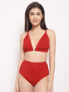 Women's <b>Red</b> <b>Bikini</b> <b>Set</b> Deep V Neck High Waist Two Piece Swimwear Stretch Spandex Polyester Solid Color Regular Fit - Product Image 1