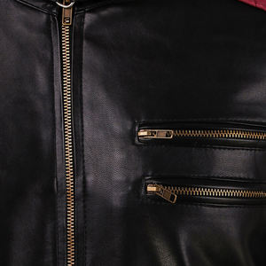 Veste en cuir véritable noire de haute qualité pour homme, fermeture éclair, logo personnalisé, manches longues, poches latérales, coupe ample. - Product Image 5