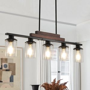Lampadario Industriale Stile Fattoria a 5 Luci per Isola Cucina, 37 Pollici, Altezza Regolabile, in Metallo e Legno con Paralumi in Vetro Trasparente - Product Image 3