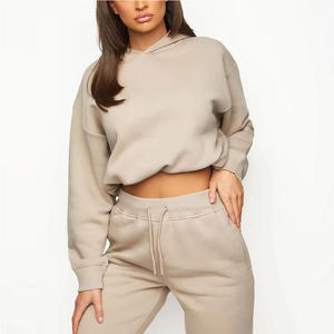 Ensemble de sweat-shirt à capuche beige surdimensionné, manches régulières, couleur unie, décontracté, unisexe, pull court, vêtements d'automne - Product Image 6